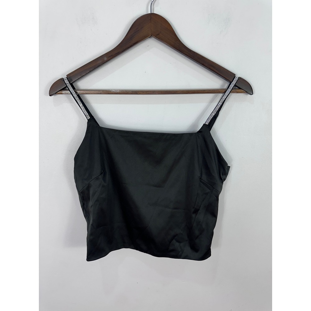 LYANER Camisole Top Womens Medium Black Rhinestone Strap Satin Crop Party Club